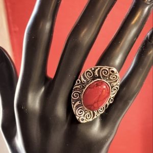 Oversized Red And Silver Toned Adjustable Cocktail Ring